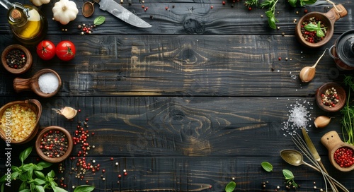 Rustic Wooden Tabletop With Kitchen Utensils, Spices, and Herbs