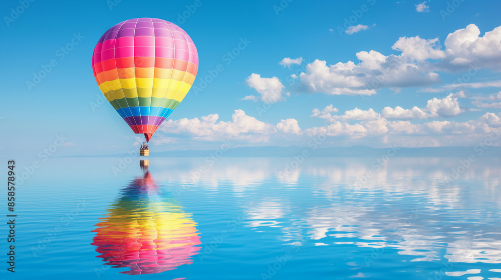 Fototapeta premium A vibrant rainbow hot air balloon floats serenely above a calm, reflective body of water under a clear blue sky with fluffy white clouds