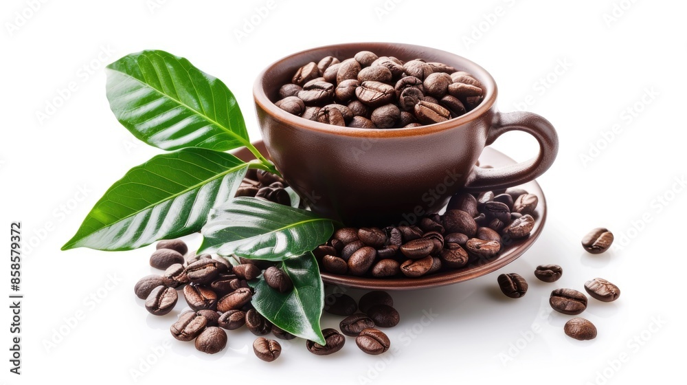 Fototapeta premium Coffee cup with beans and leaves isolated on white