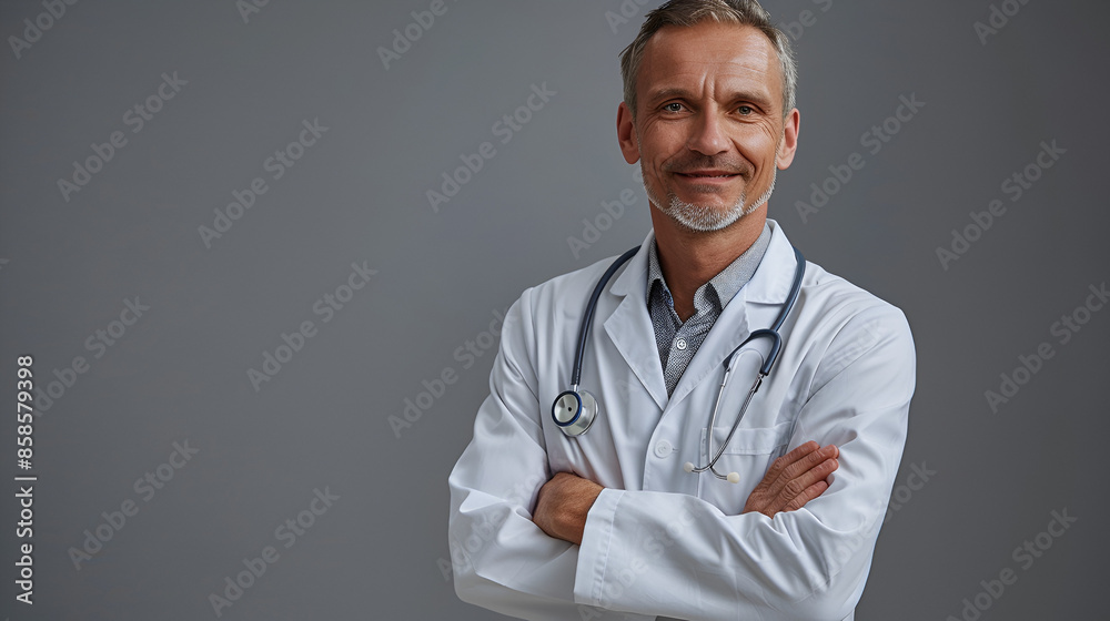 Smiling medical physician doctor posing on grey background Smiling medical physician doctor posing on grey background