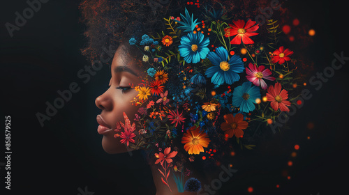 An illustration of a person with different cultural symbols, showcasing their intersectional identity, Intersectionality Awareness Month, illustration, with copy space