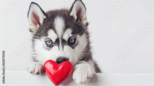 Husky puppy with heart shaped candy winking against white banner Valentine s Day theme White background photo