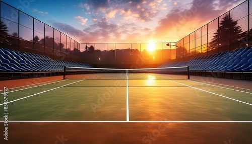 tennis court with net at sunset / sunrise