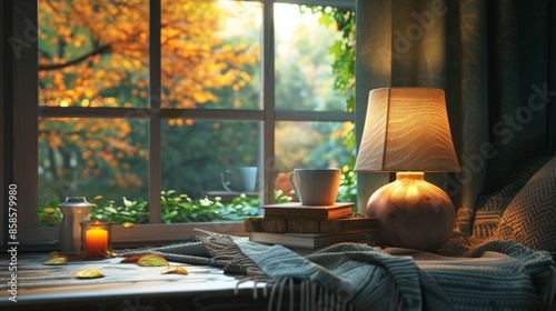 Cozy Autumn Reading Nook with Lamp, Books, and Warm Sunshine photo
