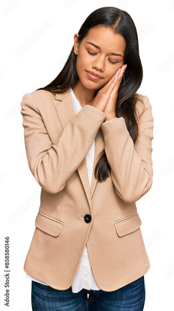Beautiful hispanic woman wearing business jacket sleeping tired dreaming and posing with hands together while smiling with closed eyes. Beautiful hispanic woman wearing business jacket sleeping tired dreaming and posing with hands together while smiling with closed eyes.