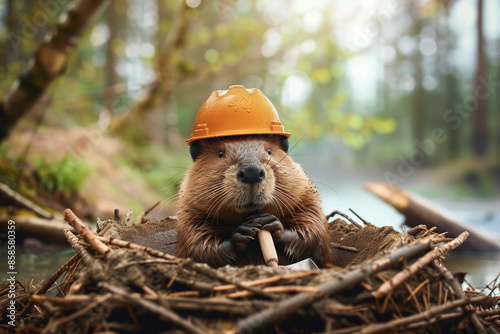 Beaver in hard hat with shovel is building dam in beautiful spring forest