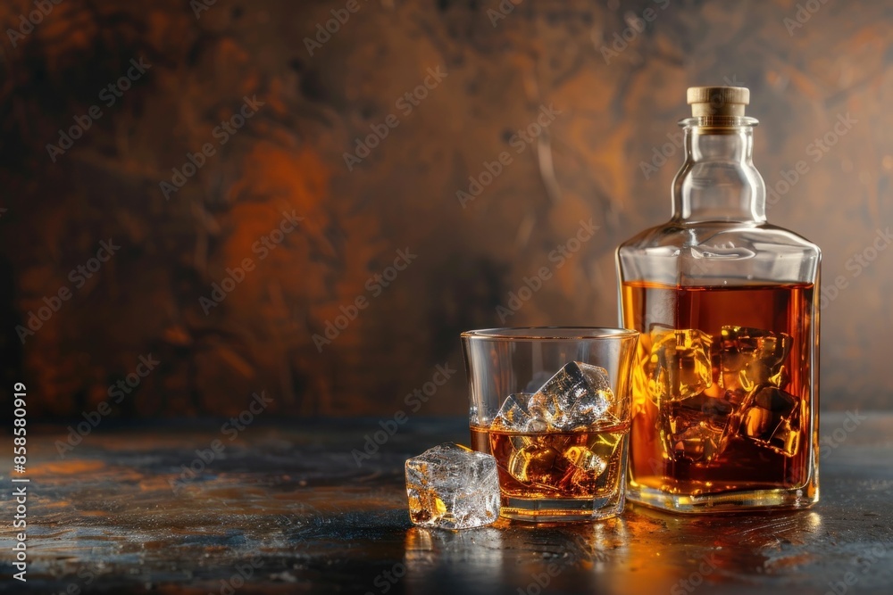 Elegant whiskey bottle with ice and glass on luxurious table in dimly lit setting, creating a sophisticated and mysterious atmosphere Elegant whiskey bottle with ice and glass on luxurious table in dimly lit setting, creating a sophisticated and mysterious atmosphere