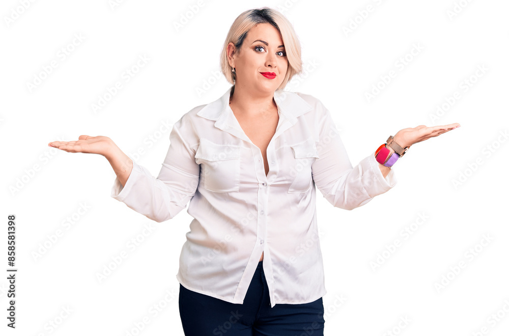 Young blonde plus size woman wearing casual shirt clueless and confused expression with arms and hands raised. doubt concept.