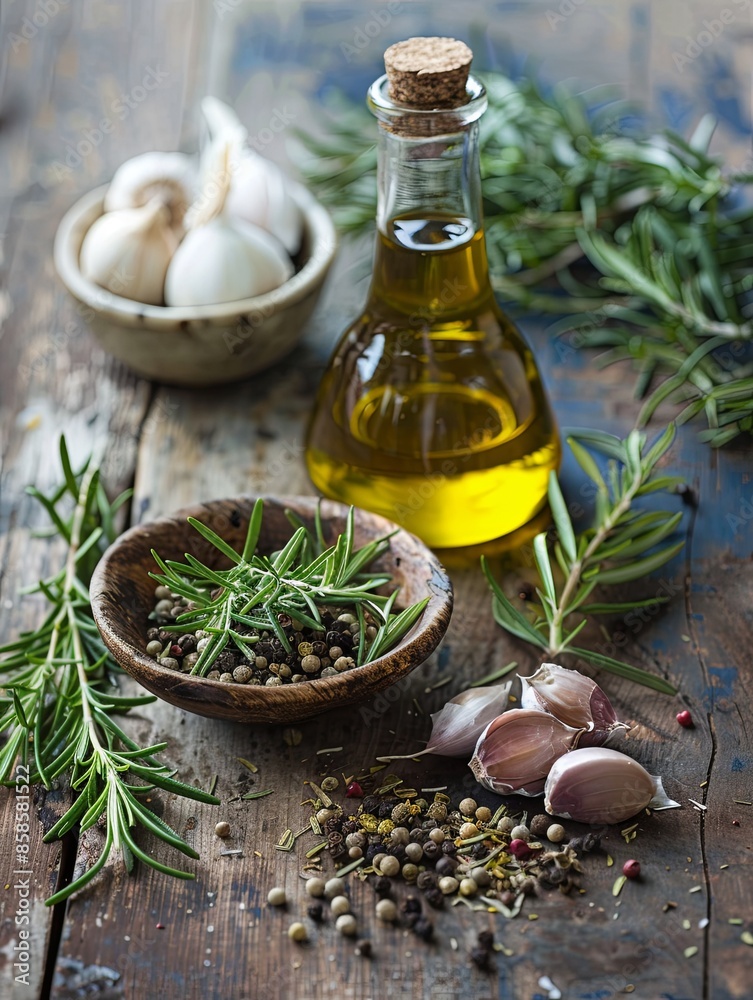 A rustic wooden surface displays a collection of Mediterranean herbs and spices, including rosemary, thyme, oregano, garlic, and olive oil. Generative AI A rustic wooden surface displays a collection of Mediterranean herbs and spices, including rosemary, thyme, oregano, garlic, and olive oil. Generative AI