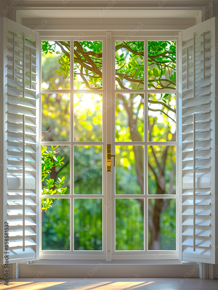 Window with White Shutters Revealing a Lush Spring Garden with Green Trees. Real estate concept.