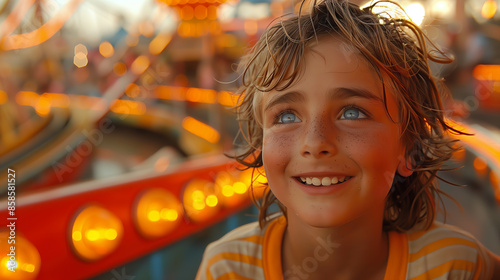 Roller Coaster Day. close-up of a people's expression on a roller coaster mouth open in a scream of excitement, with the background blurred to emphasize the speed and motion