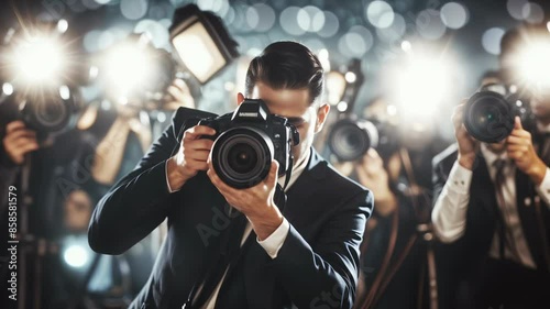 Paparazzi Photographers Capture Celebrity on Red Carpet. Fame, Media, Entertainment Concept. Seamless Looping Animation.  A Group of Photographers in Suits Aim Their Cameras at the Spotlight.