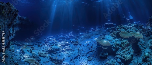 Deep underwater, a bioluminescent coral reef thrives, casting an otherworldly glow across the ocean floor. © Avanda1988