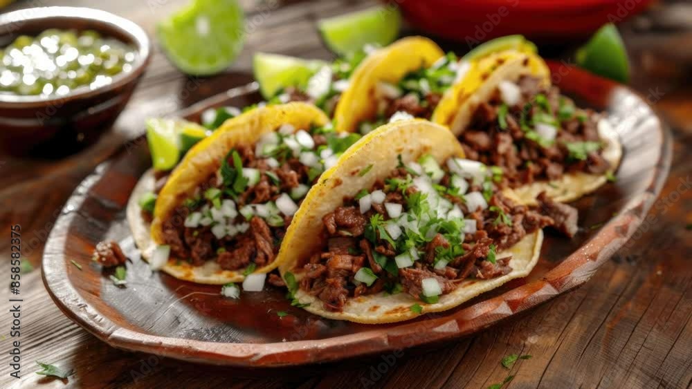 Zooming in on a A Plate of Mexican Beef Street Tacos on a Wooden Table Zooming in on a A Plate of Mexican Beef Street Tacos on a Wooden Table