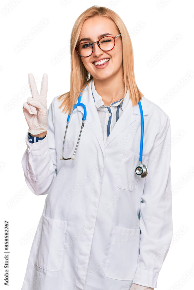 Beautiful caucasian woman wearing doctor uniform and stethoscope smiling with happy face winking at the camera doing victory sign. number two. Beautiful caucasian woman wearing doctor uniform and stethoscope smiling with happy face winking at the camera doing victory sign. number two.