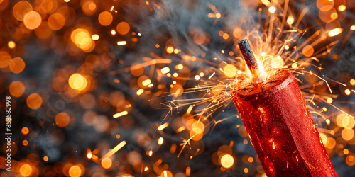 Red firecracker with lit fuse, closeup, copyspace, wide banner, fireworks celebration, holiday, festival photo