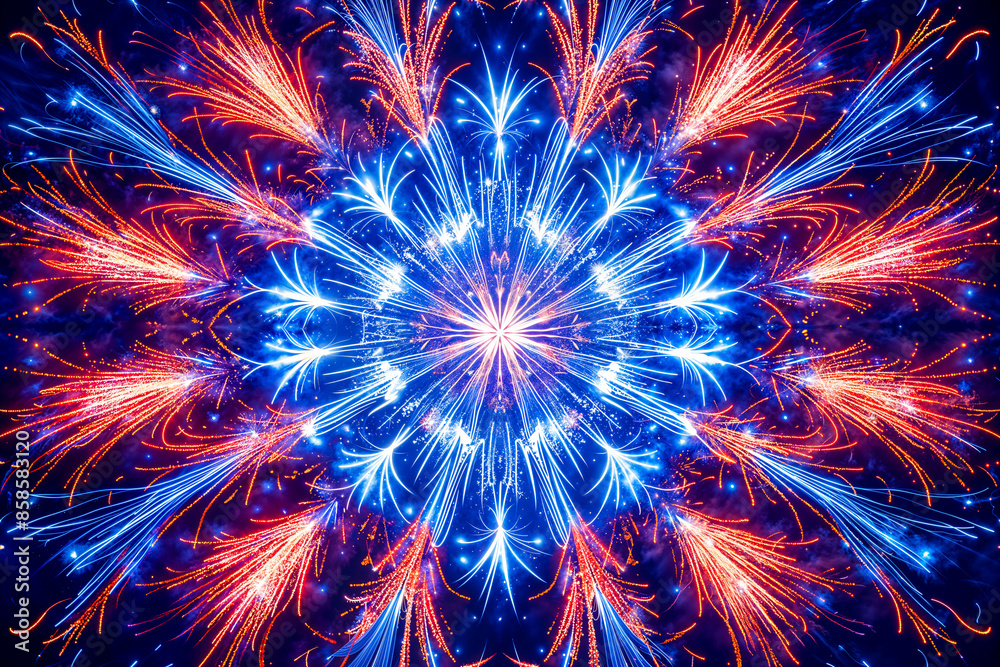 Kaleidoscopic fireworks background, mirrored, symmetry, 4th of July, New Year's Eve Kaleidoscopic fireworks background, mirrored, symmetry, 4th of July, New Year's Eve