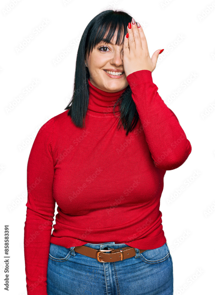 Φωτογραφία Young hispanic woman wearing casual clothes covering one eye with hand, confident smile on face and surprise emotion