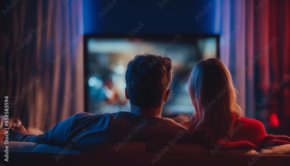 Back view of adult couple watching TV at home while sitting on sofa, night time, spot lights background. Back view of adult couple watching TV at home while sitting on sofa, night time, spot lights background.
