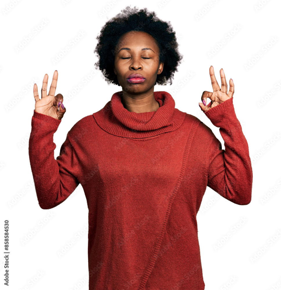 Φωτογραφία African american woman with afro hair wearing turtleneck sweater relax and smiling with eyes closed doing meditation gesture with fingers