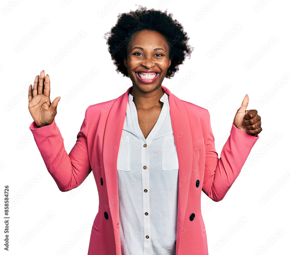 African american woman with afro hair wearing business jacket showing and pointing up with fingers number six while smiling confident and happy. African american woman with afro hair wearing business jacket showing and pointing up with fingers number six while smiling confident and happy.