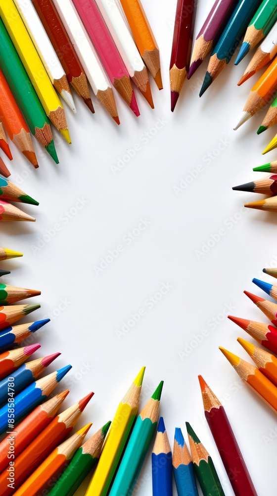 Fototapeta premium Colored pencils arranged in a circle with white background