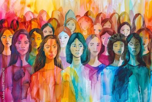 diverse women standing united in solidarity, vibrant colors and bold brushstrokes, strength and resilience of feminist movement fighting for gender equality and women's rights watercolor illustration