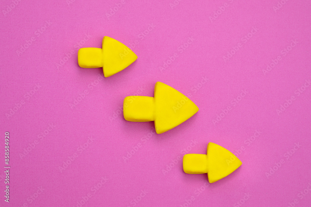 Arrows pointing right side. 3D mockup, yellow sign pointing direction on pinke background. Right way concept.