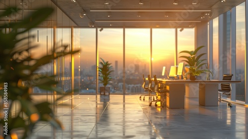 Beautiful blurred background of a light modern office interior with panoramic windows and beautiful lighting.