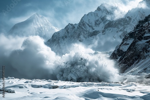 A massive snow avalanche tears down a Himalayan mountainside, creating a powerful cloud of white.