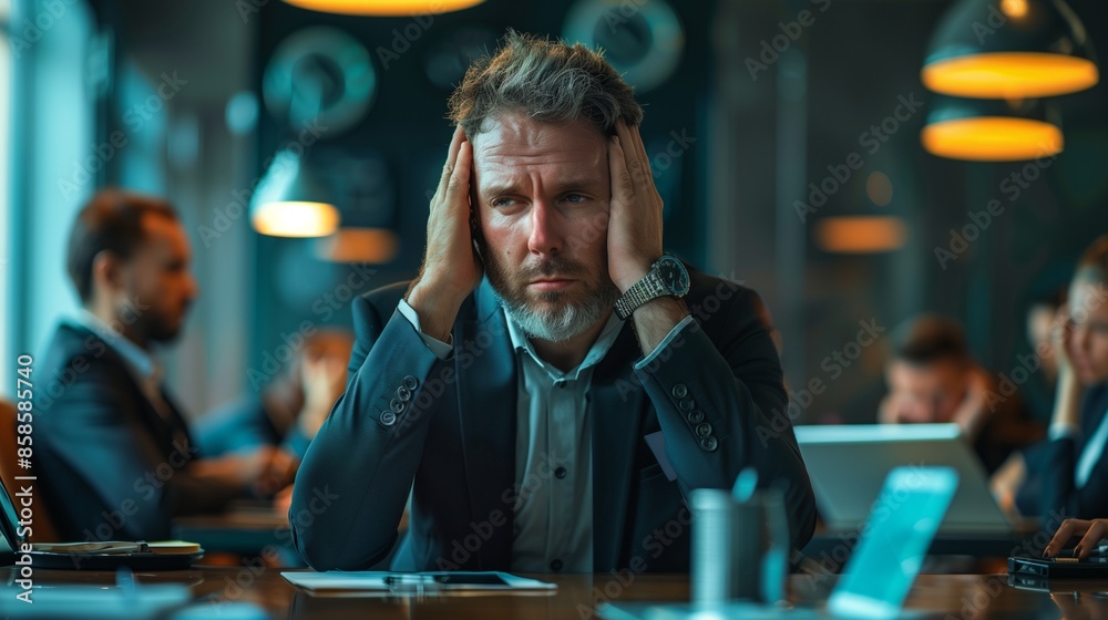 businessman with a headache and at a business meeting with colleagues in a boardroom office businessman with a headache and at a business meeting with colleagues in a boardroom office