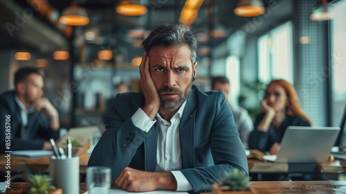 businessman with a headache and at a business meeting with colleagues in a boardroom office