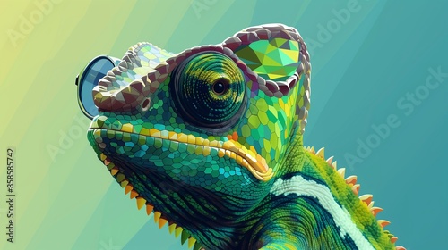 chameleon wearing sunglasses on a solid color background, vector art, digital art, faceted, minimal, abstract, panorama background.