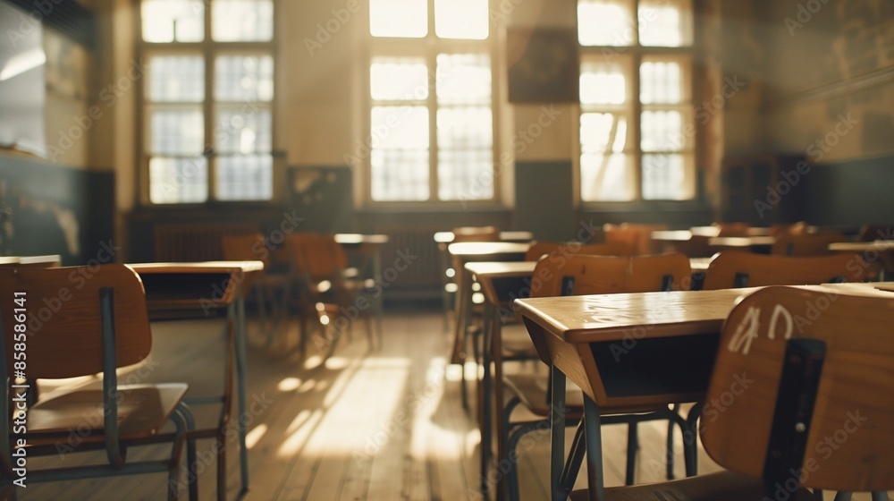 Empty Classroom. Back to school concept in high school. Classroom Interior Vintage Wooden Lecture Wooden Chairs and Desks. Studying lessons in secondary education. Empty Classroom. Back to school concept in high school. Classroom Interior Vintage Wooden Lecture Wooden Chairs and Desks. Studying lessons in secondary education.