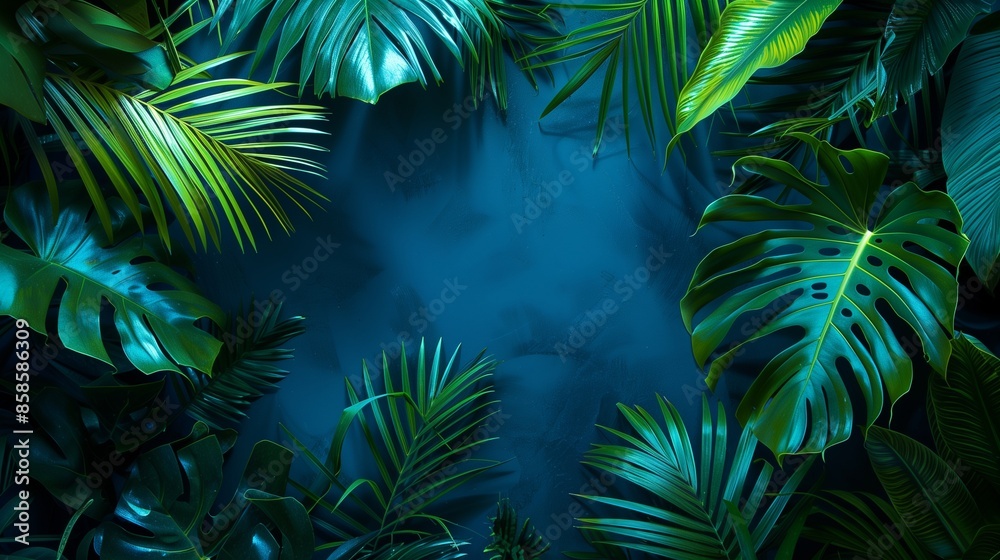 Green and Blue Neon Light with Tropical Leaves Green and Blue Neon Light with Tropical Leaves