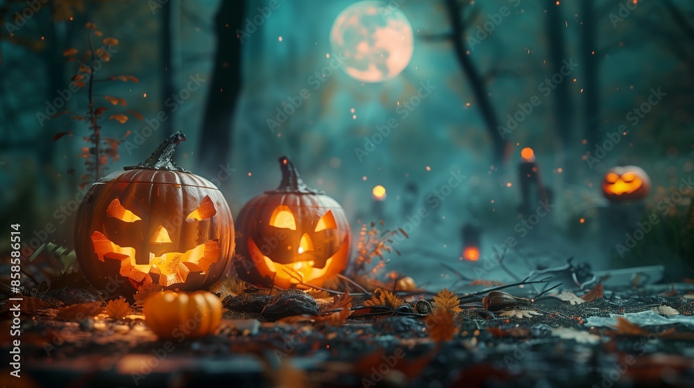 Halloween pumpkin head jack lantern with burning candles, Spooky Forest with a full moon and wooden table, Pumpkins In Graveyard In The Spooky Night - . Halloween pumpkin head jack lantern with burning candles, Spooky Forest with a full moon and wooden table, Pumpkins In Graveyard In The Spooky Night - .
