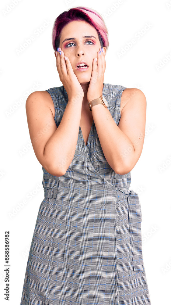 Φωτογραφία Young beautiful woman with pink hair wearing casual clothes tired hands covering