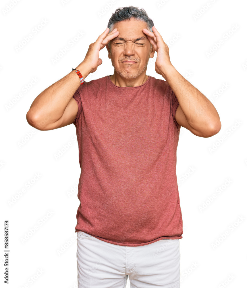 Handsome middle age man wearing casual clothes suffering from headache desperate and stressed because pain and migraine. hands on head. Handsome middle age man wearing casual clothes suffering from headache desperate and stressed because pain and migraine. hands on head.