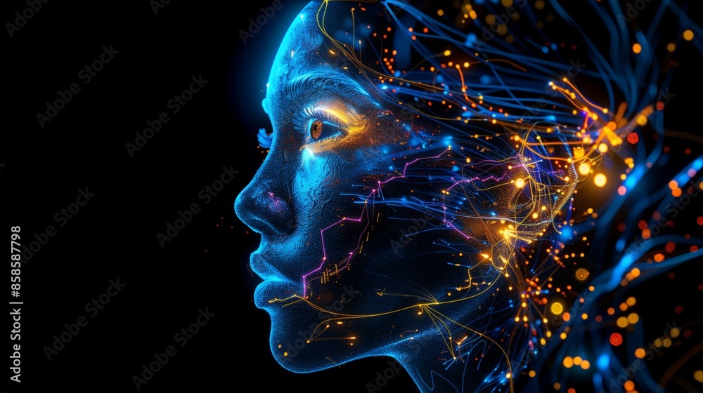 Side view of a humanoid head with blue and yellow eyes and vibrant neon neural network, representing futuristic technology and artificial intelligence. Side view of a humanoid head with blue and yellow eyes and vibrant neon neural network, representing futuristic technology and artificial intelligence.