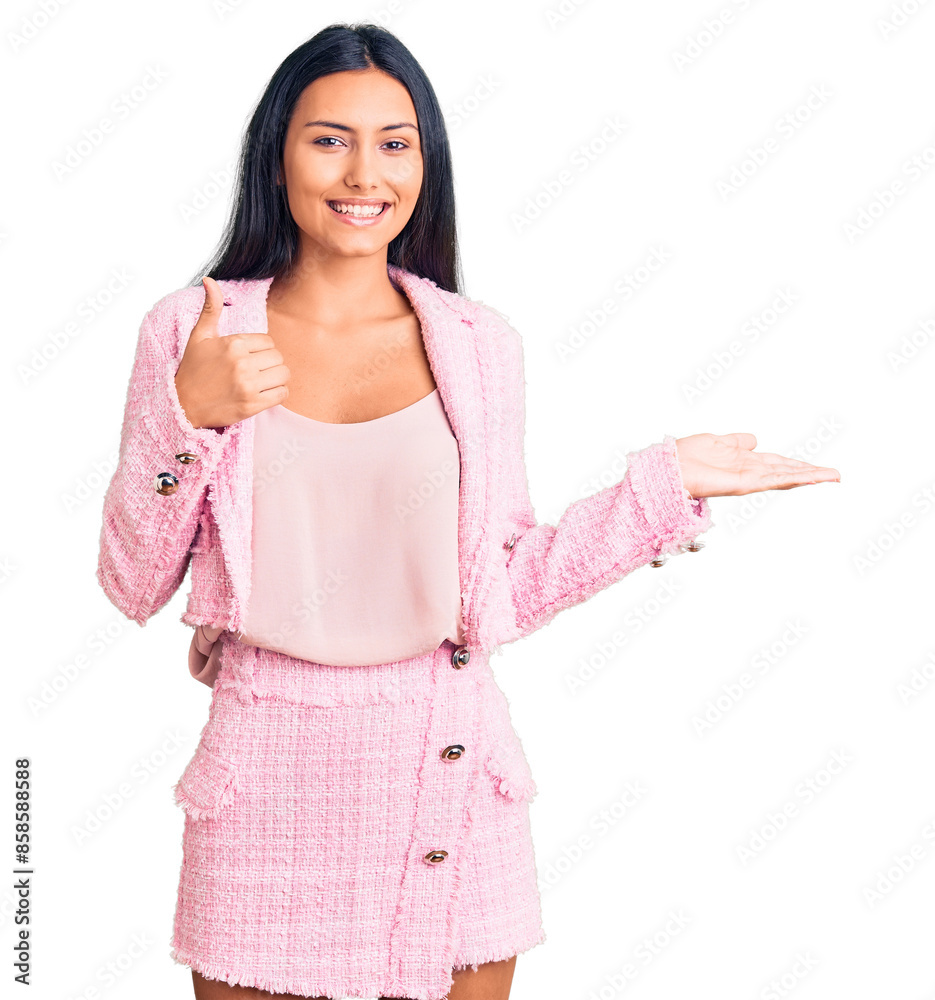 Young beautiful latin girl wearing business clothes showing palm hand and doing ok gesture with thumbs up, smiling happy and cheerful Young beautiful latin girl wearing business clothes showing palm hand and doing ok gesture with thumbs up, smiling happy and cheerful