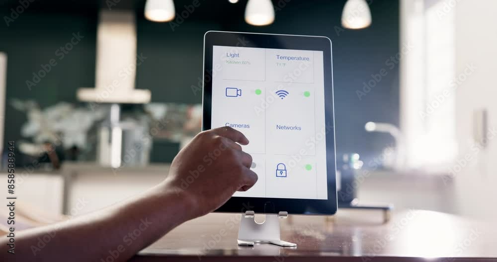 Application, scroll and tablet with hand on screen for user interface, navigation and search. Home, kitchen and person and menu on technology for software logo, digital media and internet connection Application, scroll and tablet with hand on screen for user interface, navigation and search. Home, kitchen and person and menu on technology for software logo, digital media and internet connection