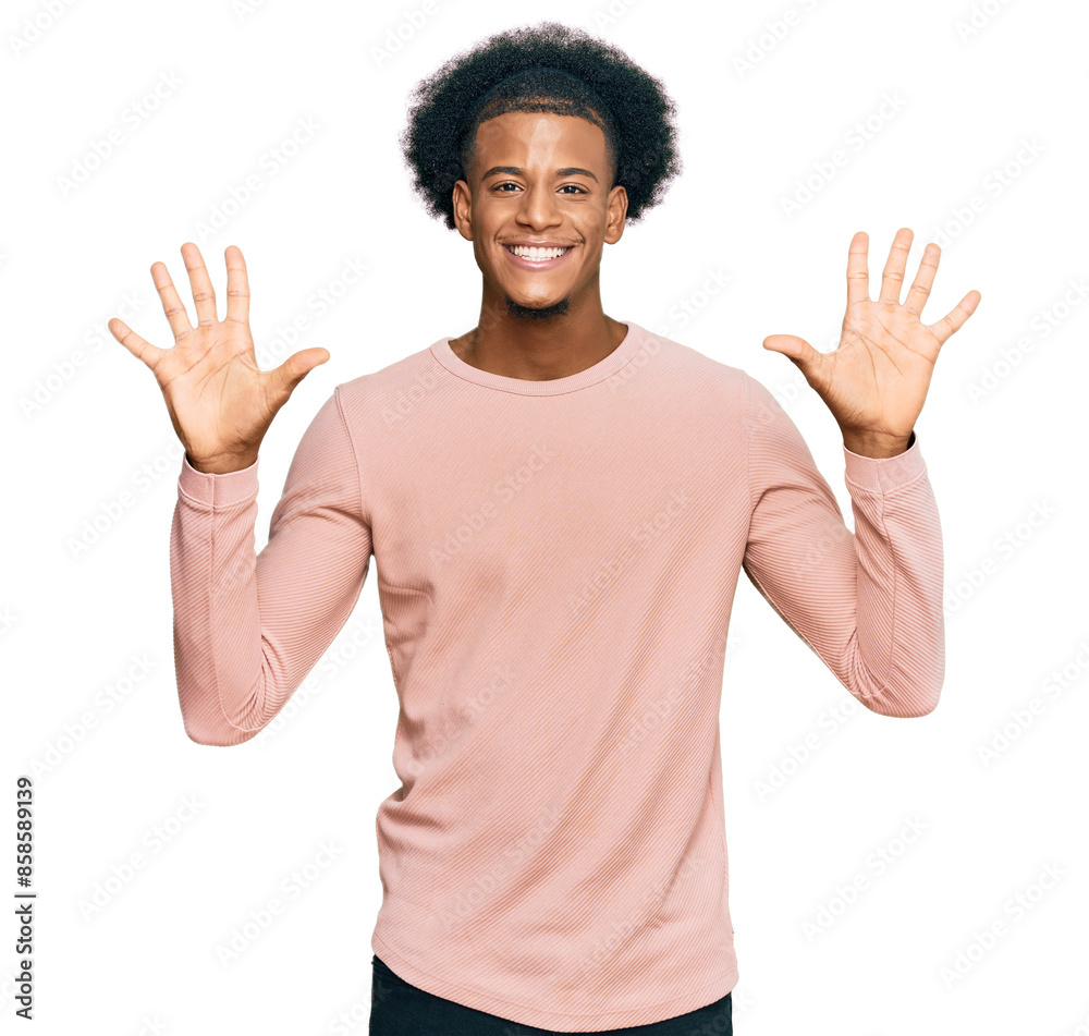 African american man with afro hair wearing casual clothes showing and pointing up with fingers number ten while smiling confident and happy. African american man with afro hair wearing casual clothes showing and pointing up with fingers number ten while smiling confident and happy.