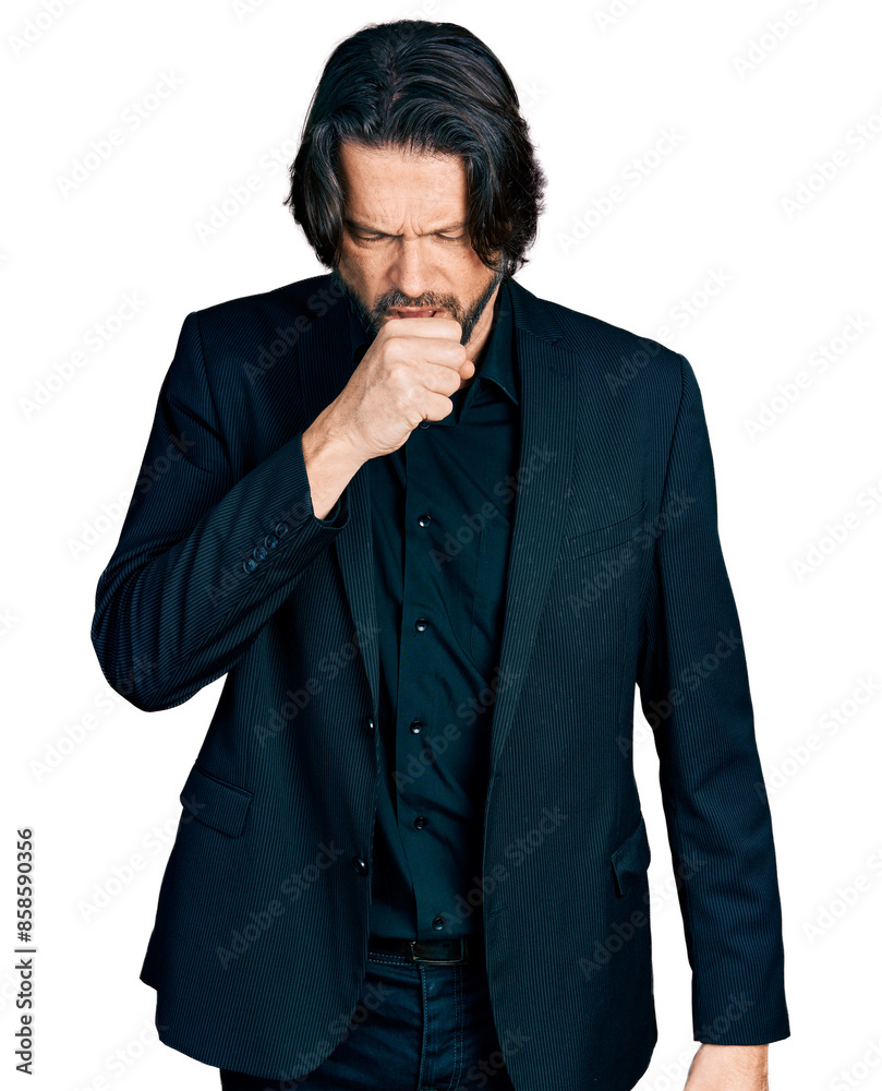 Middle age caucasian man wearing business clothes feeling unwell and coughing as symptom for cold or bronchitis. health care concept. Middle age caucasian man wearing business clothes feeling unwell and coughing as symptom for cold or bronchitis. health care concept.