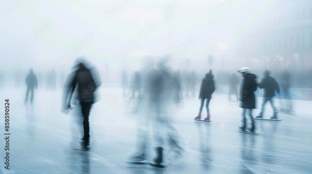 A misty atmosphere of blurred skaters on a slick polished surface A misty atmosphere of blurred skaters on a slick polished surface