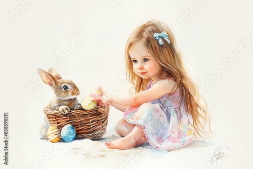 Easter Morning: A Child and Bunny with a Basket of Eggs