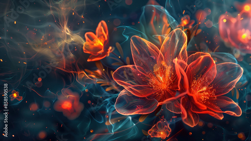 A close up of two orange flowers with a black background