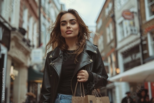 fashionable Londoner woman in a leather jacket and jeans holding a shopping bag walking through the Soho district  photo