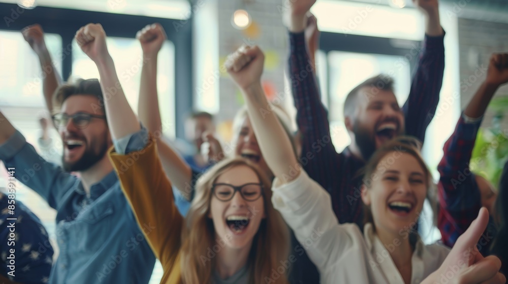 Soft focus on coworkers cheering and raising their glasses in celebration after a big projects success.