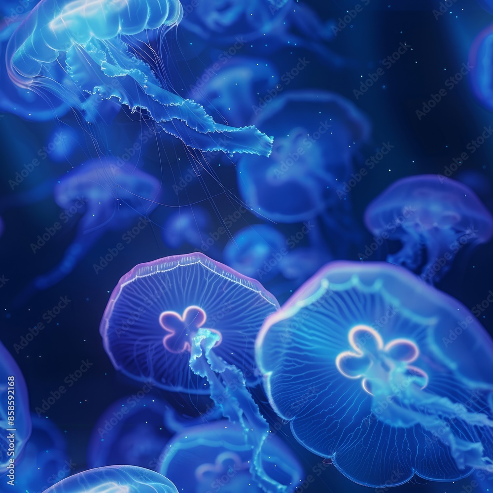 Fototapeta premium Seamless pattern of glowing semi-transparent blue jellyfish in the dark waters of the ocean