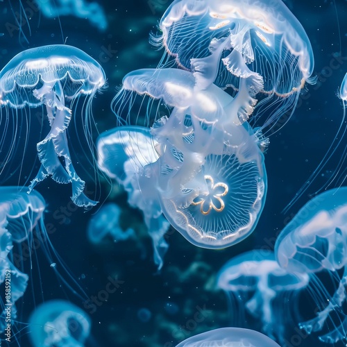 Seamless pattern of white-blue translucent glowing jellyfish